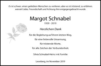 Traueranzeige von Margot Schnabel von Leonberger Kreiszeitung / Strohgäu Extra