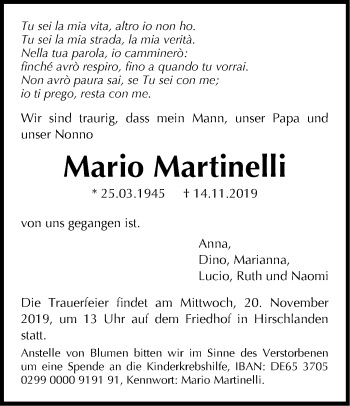 Traueranzeige von Mario Martinelli von Leonberger Kreiszeitung / Strohgäu Extra