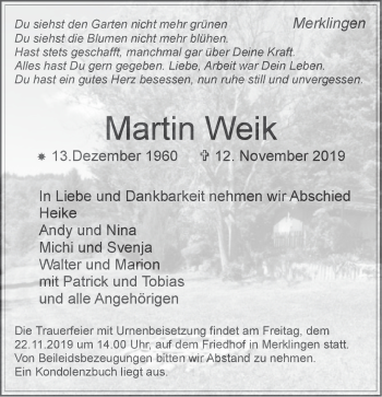 Traueranzeige von Martin Weik von Leonberger Kreiszeitung / Strohgäu Extra