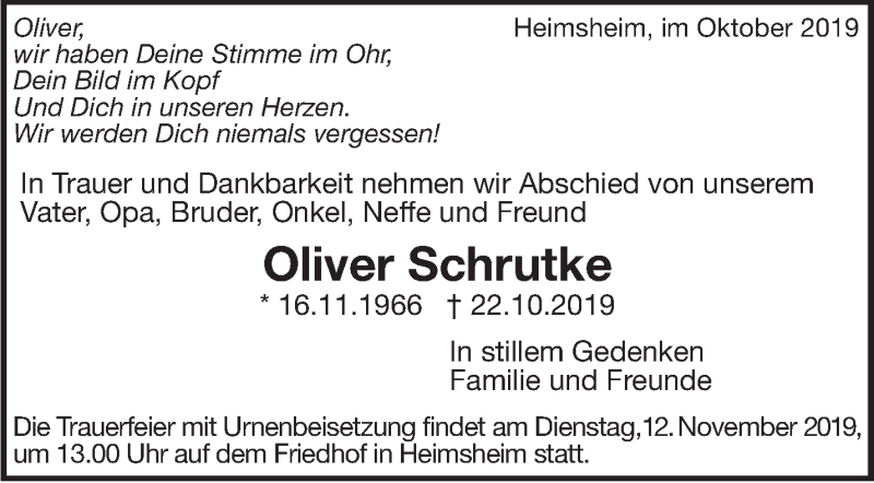  Traueranzeige für Oliver Schrutke vom 09.11.2019 aus Leonberger Kreiszeitung / Strohgäu Extra