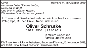 Traueranzeige von Oliver Schrutke von Leonberger Kreiszeitung / Strohgäu Extra