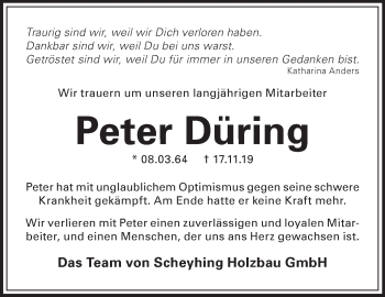 Traueranzeige von Peter Düring von Leonberger Kreiszeitung / Strohgäu Extra