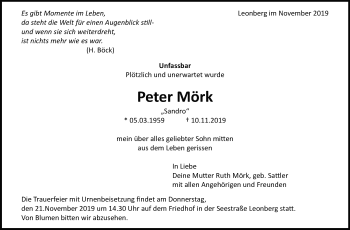 Traueranzeige von Peter Mörk von Leonberger Kreiszeitung / Strohgäu Extra
