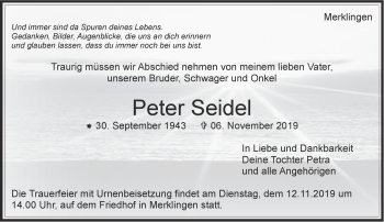 Traueranzeige von Peter Seidel von Leonberger Kreiszeitung / Strohgäu Extra