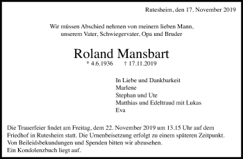 Traueranzeige von Roland Mansbart von Leonberger Kreiszeitung / Strohgäu Extra