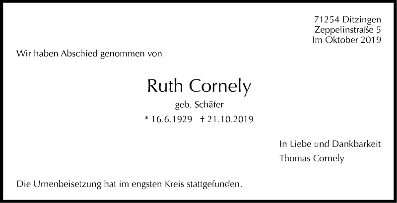  Traueranzeige für Ruth Cornely vom 02.11.2019 aus Leonberger Kreiszeitung / Strohgäu Extra