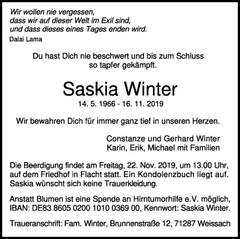 Traueranzeige von Saskia Winter von Leonberger Kreiszeitung / Strohgäu Extra