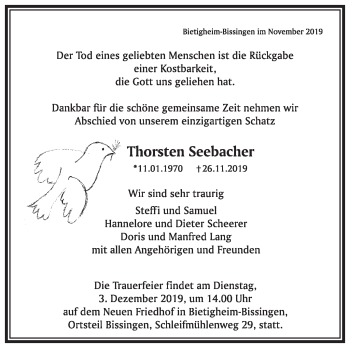 Traueranzeige von Thorsten Seebacher von Leonberger Kreiszeitung / Strohgäu Extra