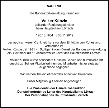 Traueranzeige von Volker Künzle von Leonberger Kreiszeitung / Strohgäu Extra