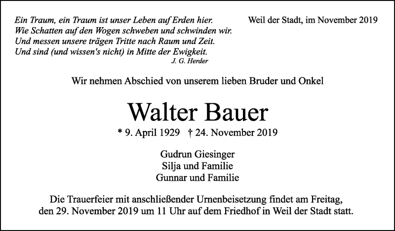  Traueranzeige für Walter Bauer vom 27.11.2019 aus Leonberger Kreiszeitung / Strohgäu Extra