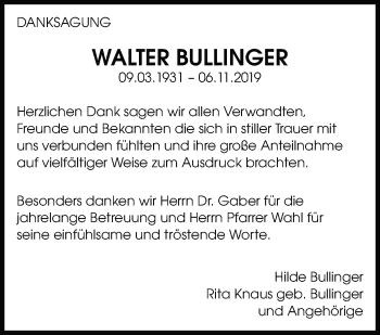 Traueranzeige von Walter Bullinger von Leonberger Kreiszeitung / Strohgäu Extra