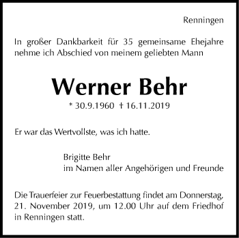 Traueranzeige von Werner Behr von Leonberger Kreiszeitung / Strohgäu Extra