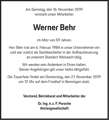 Traueranzeige von Werner Behr Behr von Leonberger Kreiszeitung / Strohgäu Extra