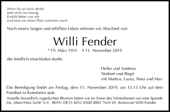Traueranzeige von Willi Fender von Leonberger Kreiszeitung / Strohgäu Extra