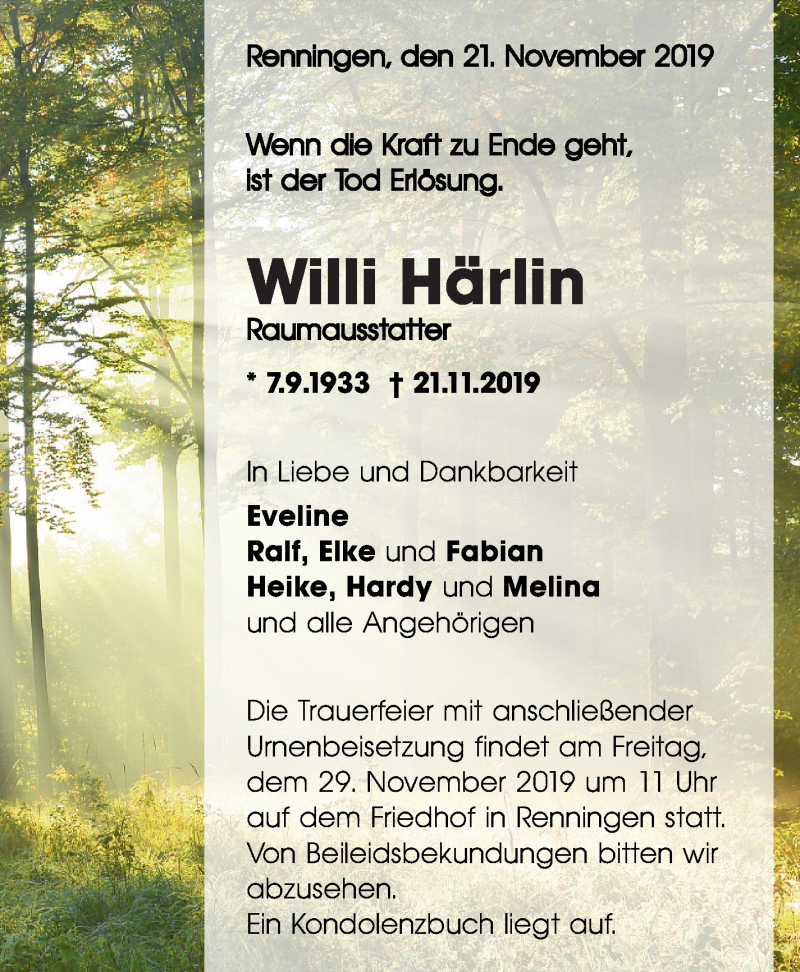  Traueranzeige für Willi Härlin vom 26.11.2019 aus Leonberger Kreiszeitung / Strohgäu Extra