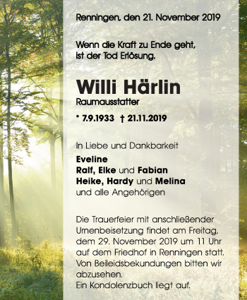 Traueranzeige von Willi Härlin von Leonberger Kreiszeitung / Strohgäu Extra