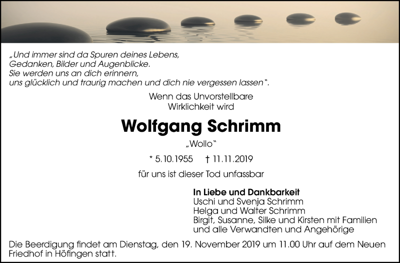  Traueranzeige für Wolfgang Schrimm vom 16.11.2019 aus Leonberger Kreiszeitung / Strohgäu Extra