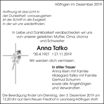 Traueranzeige von Anna Tatko von Leonberger Kreiszeitung / Strohgäu Extra
