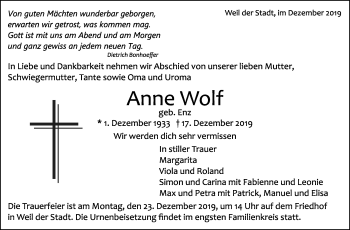 Traueranzeige von Anne Wolf von Leonberger Kreiszeitung / Strohgäu Extra