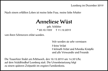 Traueranzeige von Anneliese Wüst von Leonberger Kreiszeitung / Strohgäu Extra