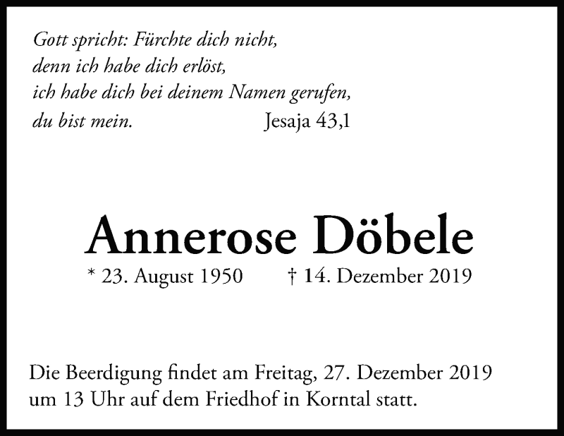  Traueranzeige für Annerose Döbele vom 24.12.2019 aus Leonberger Kreiszeitung / Strohgäu Extra