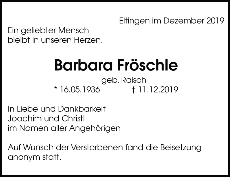  Traueranzeige für Barbara Fröschle vom 21.12.2019 aus Leonberger Kreiszeitung / Strohgäu Extra
