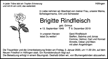 Traueranzeige von Brigitte Rindfleisch von Leonberger Kreiszeitung / Strohgäu Extra