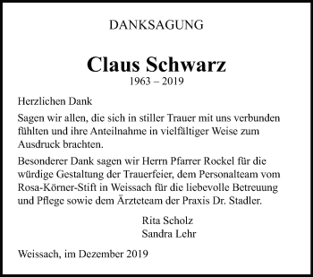 Traueranzeige von Claus Schwarz von Leonberger Kreiszeitung / Strohgäu Extra