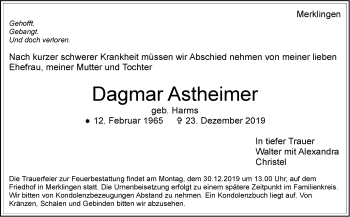 Traueranzeige von Dagmar Astheimer von Leonberger Kreiszeitung / Strohgäu Extra