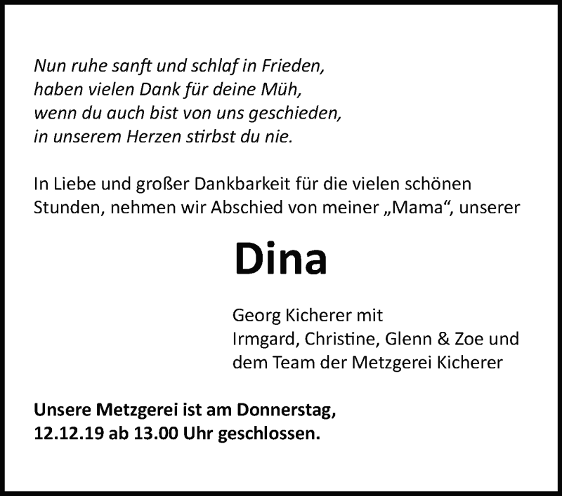  Traueranzeige für Dina  vom 11.12.2019 aus Leonberger Kreiszeitung / Strohgäu Extra