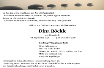 Traueranzeige von Dina Röckle von Leonberger Kreiszeitung / Strohgäu Extra
