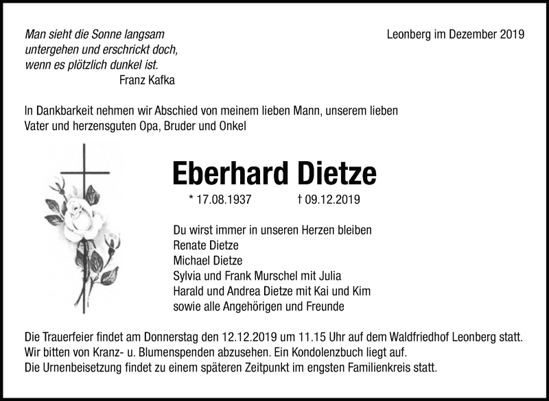  Traueranzeige für Eberhard Dietze vom 11.12.2019 aus Leonberger Kreiszeitung / Strohgäu Extra