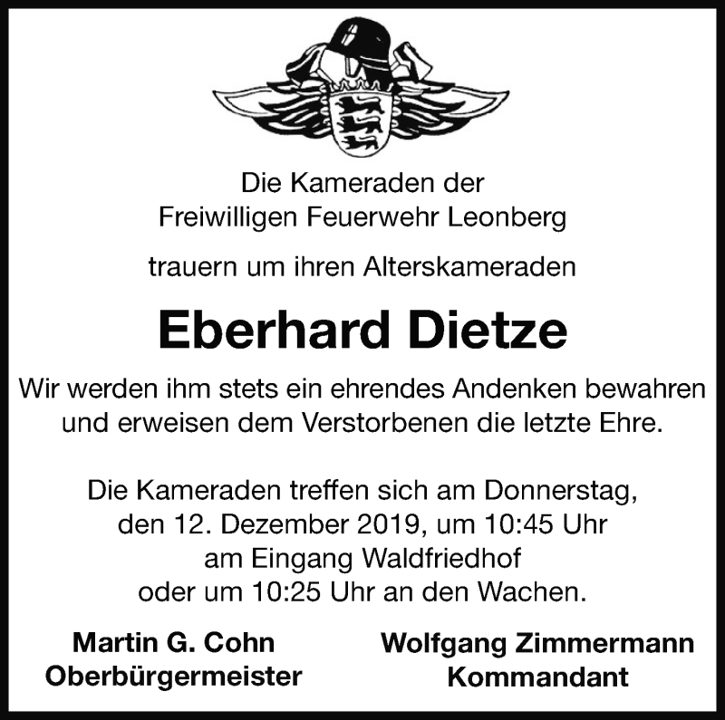 Traueranzeige für Eberhard Dietze vom 10.12.2019 aus Leonberger Kreiszeitung / Strohgäu Extra