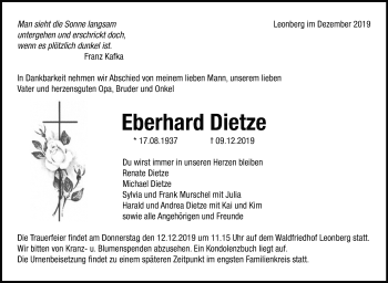 Traueranzeige von Eberhard Dietze von Leonberger Kreiszeitung / Strohgäu Extra