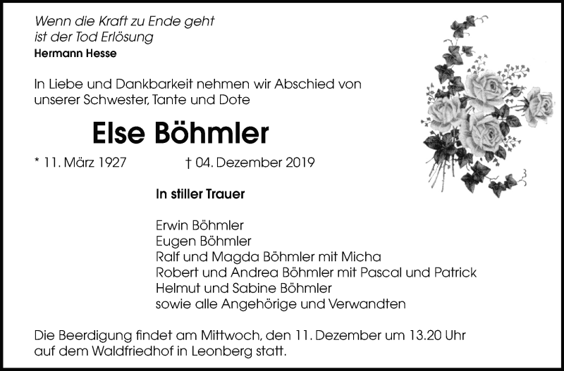  Traueranzeige für Else Böhmler vom 07.12.2019 aus Leonberger Kreiszeitung / Strohgäu Extra