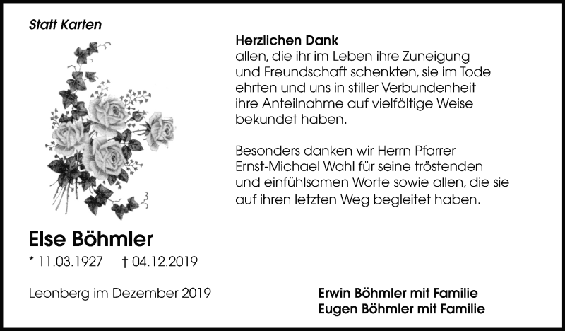  Traueranzeige für Else Böhmler vom 21.12.2019 aus Leonberger Kreiszeitung / Strohgäu Extra