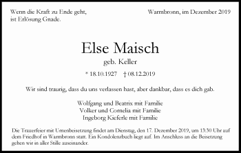 Traueranzeige von Else Maisch von Leonberger Kreiszeitung / Strohgäu Extra