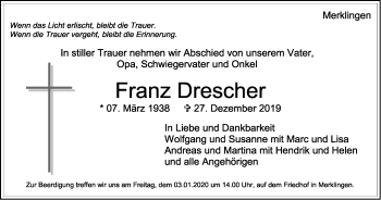 Traueranzeige von Franz Drescher von Leonberger Kreiszeitung / Strohgäu Extra