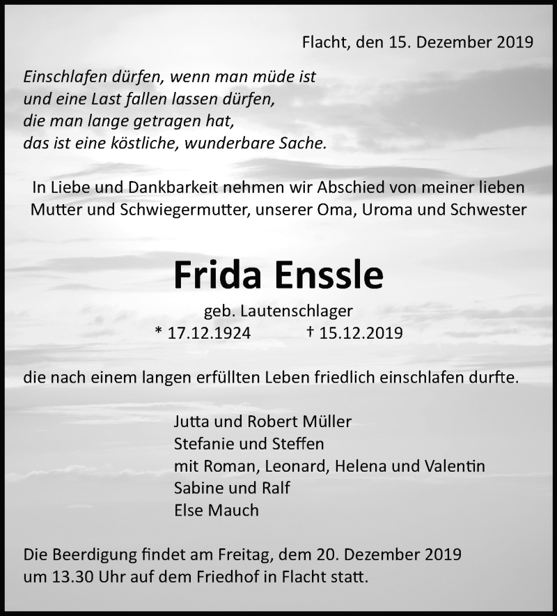  Traueranzeige für Frida Enssle vom 18.12.2019 aus Leonberger Kreiszeitung / Strohgäu Extra
