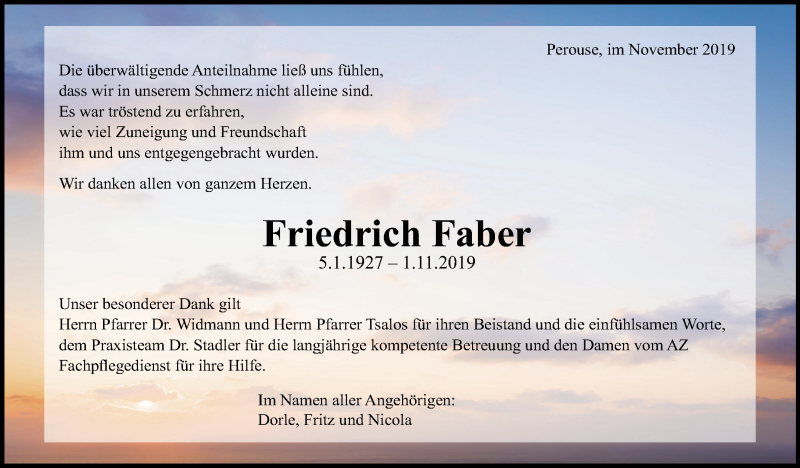  Traueranzeige für Friedrich Faber vom 05.12.2019 aus Leonberger Kreiszeitung / Strohgäu Extra