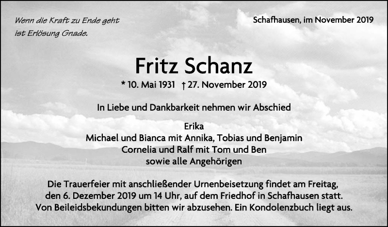  Traueranzeige für Friedrich Schanz vom 04.12.2019 aus Leonberger Kreiszeitung / Strohgäu Extra
