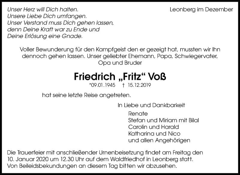  Traueranzeige für Friedrich Voß vom 28.12.2019 aus Leonberger Kreiszeitung / Strohgäu Extra