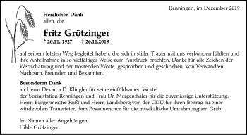 Traueranzeige von Fritz Grötzinger von Leonberger Kreiszeitung / Strohgäu Extra