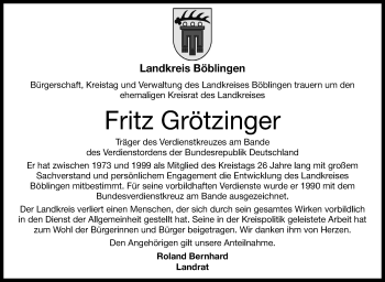 Traueranzeige von Fritz Grötzinger von Leonberger Kreiszeitung / Strohgäu Extra