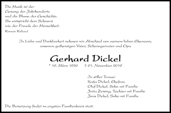 Traueranzeige von Gerhard Dickel von Leonberger Kreiszeitung / Strohgäu Extra