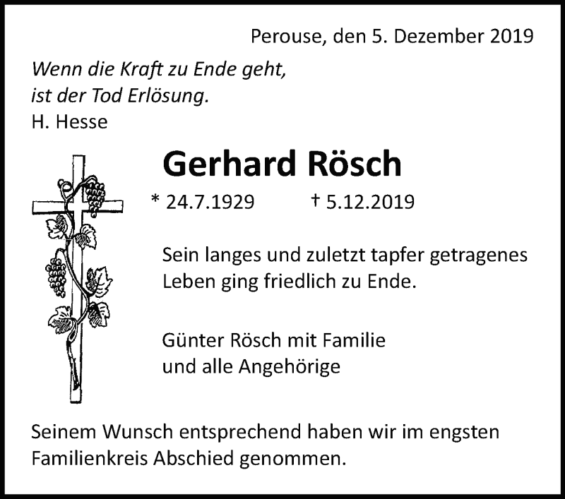  Traueranzeige für Gerhard Rösch vom 13.12.2019 aus Leonberger Kreiszeitung / Strohgäu Extra