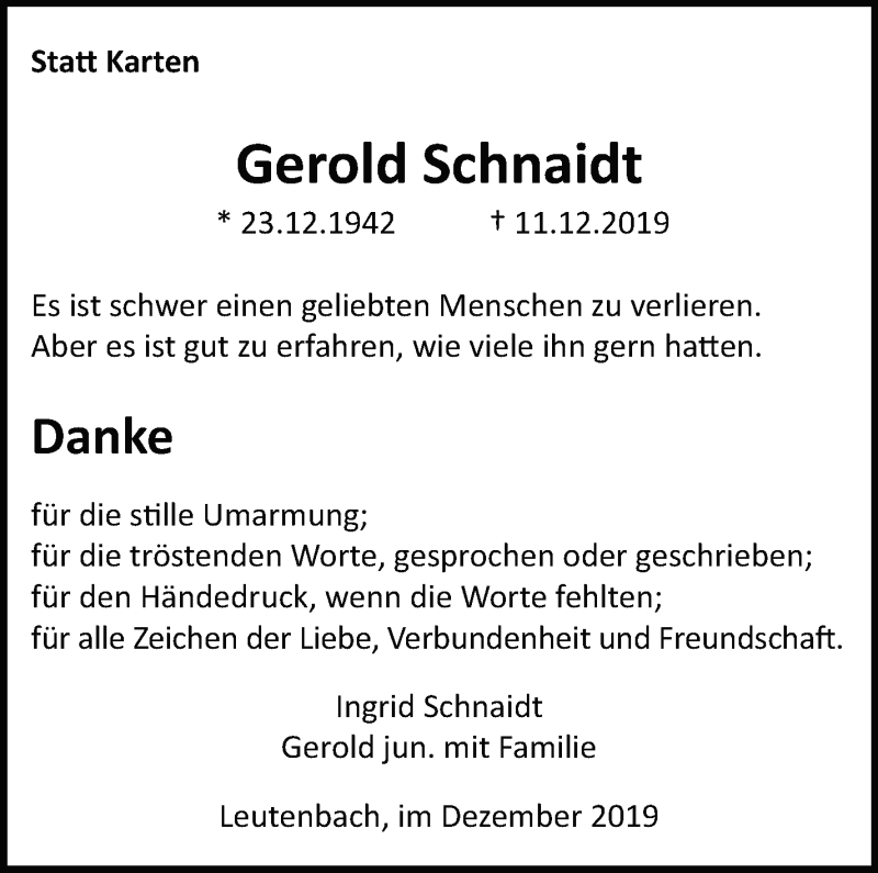  Traueranzeige für Gerold Schnaidt vom 23.12.2019 aus Leonberger Kreiszeitung / Strohgäu Extra
