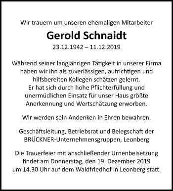 Traueranzeige von Gerold Schnaidt von Leonberger Kreiszeitung / Strohgäu Extra