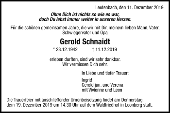 Traueranzeige von Gerold Schnaidt von Leonberger Kreiszeitung / Strohgäu Extra