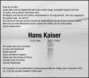 Traueranzeige von Hans Kaiser von Leonberger Kreiszeitung / Strohgäu Extra